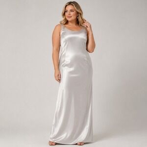 Caramia Maxi Dress Womens 14 Silver Satin Crepe Sleeveless Formal Evening